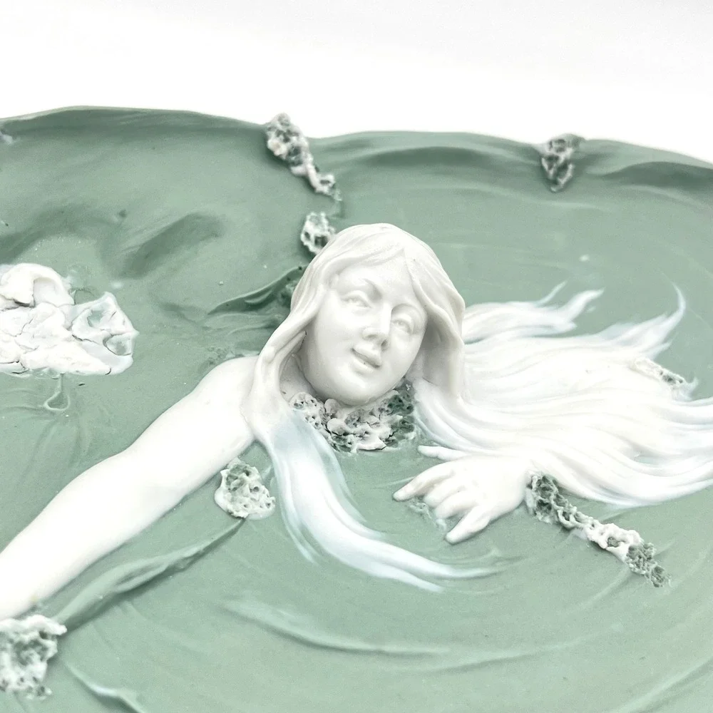 Art Nouveau Ceramic Maiden Lily Pad Tray Sage Green White Sculptural Relief 8.5